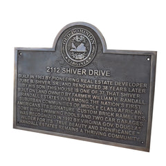 Bronze Historical plaque detailing the history of a house at 2112 Shiver Drive in Old Dominion, Virginia.
