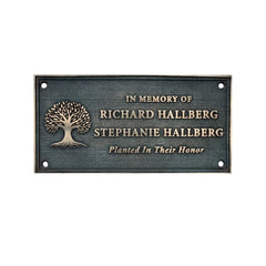 Bronze Memorial plaque with tree design and text 'In Memory of Richard Hallberg Stephanie Hallberg Planted In Their Honor' on a white background.