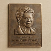 Bronze plaque with a portrait and engraved text on a beige wall