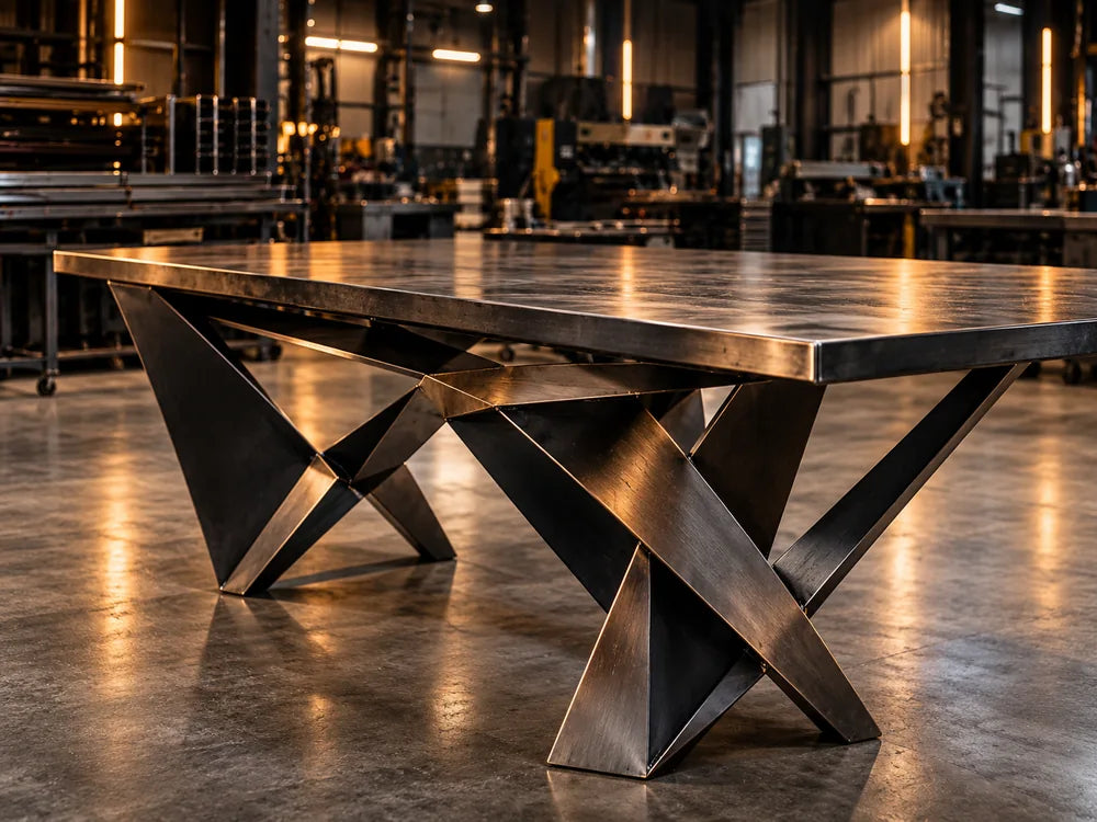 Custom steel table with sculptural metal base