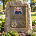 Bronze memorial plaque with a photo UV printed