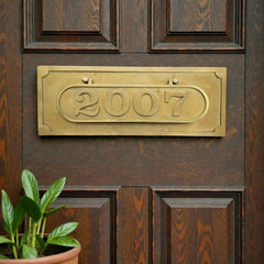 Brass mail slot with house number '2007' on a wooden door with a potted plant.