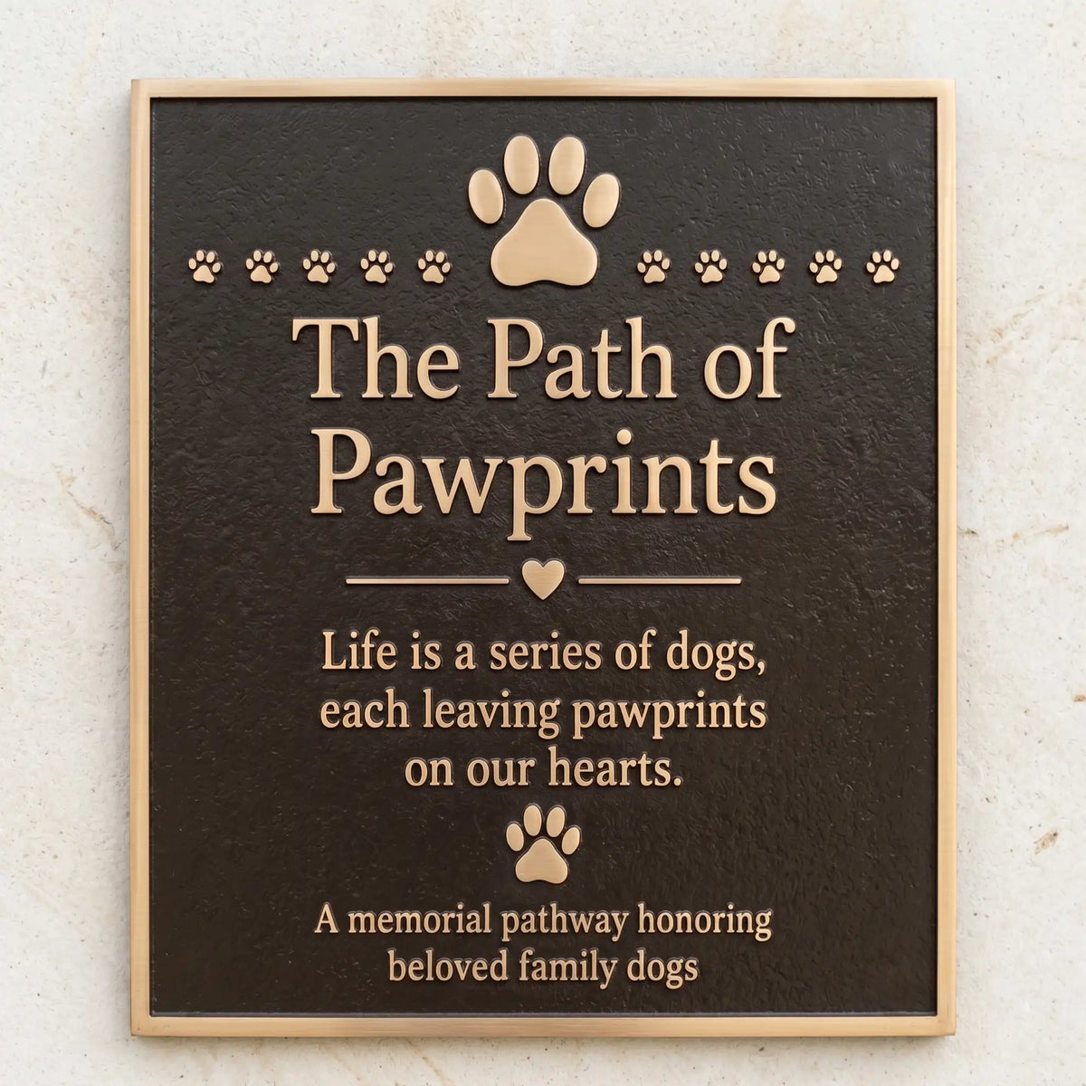 Bronze Pet Memorial plaque with paw prints and text on a textured wall background