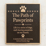 Bronze Pet Memorial plaque with paw prints and text on a textured wall background