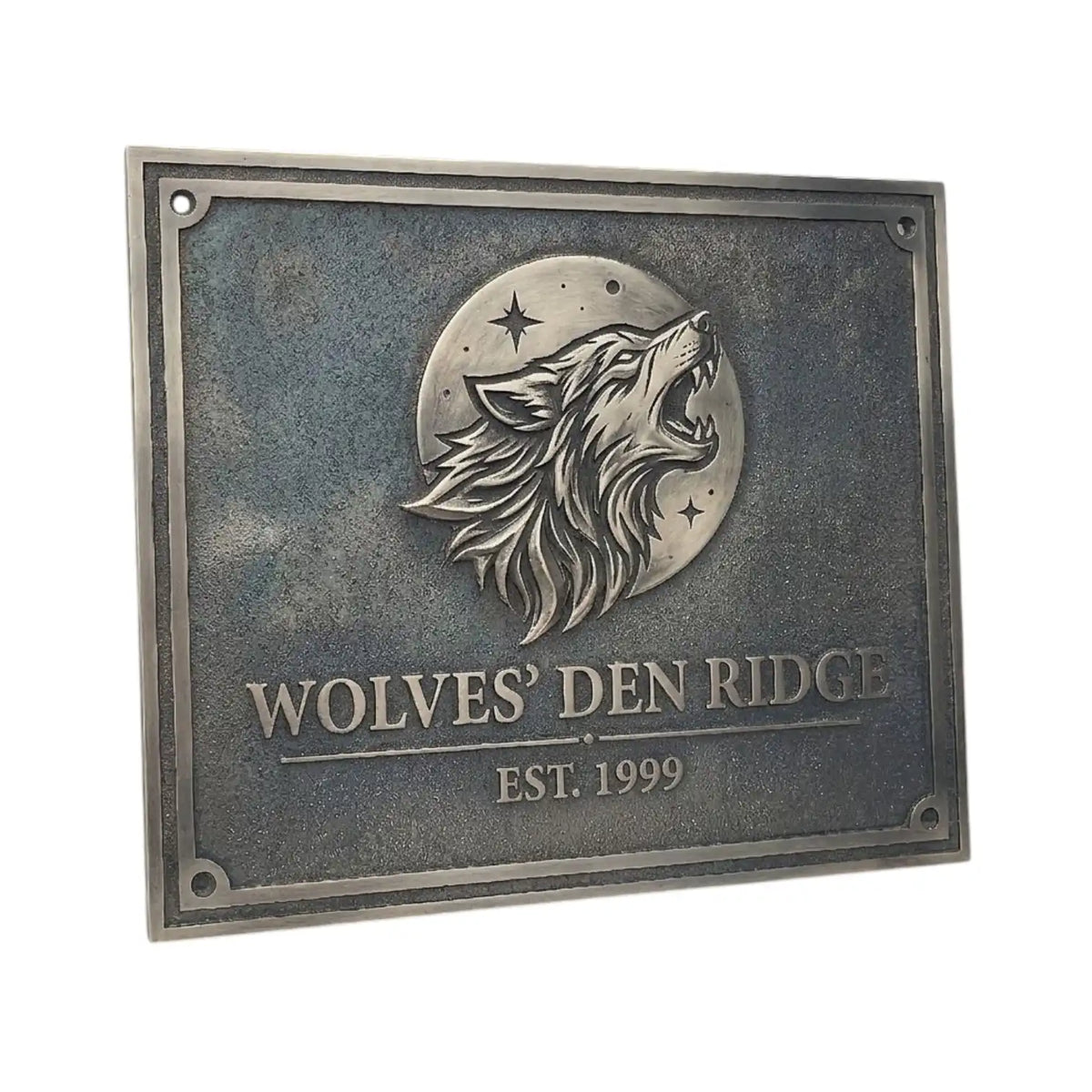 Bronze plaque with a wolf emblem and 'Wolves' Den Ridge' text on a white background