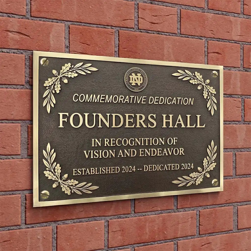 Founders Hall commemorative dedication plaque mounted on a brick wall
