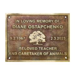 Bronze Memorial plaque for Diane Ostapchenko with a tree design on a white background