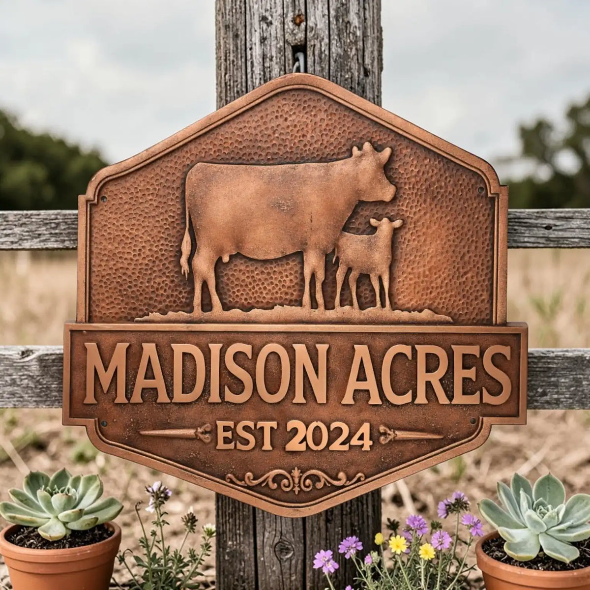 Decorative sign with cow and calf design and 'Madison Acres' text on a wooden post.