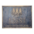 Bronze sign with trees and text '12881 CHATSWORTH LANE' on a textured background