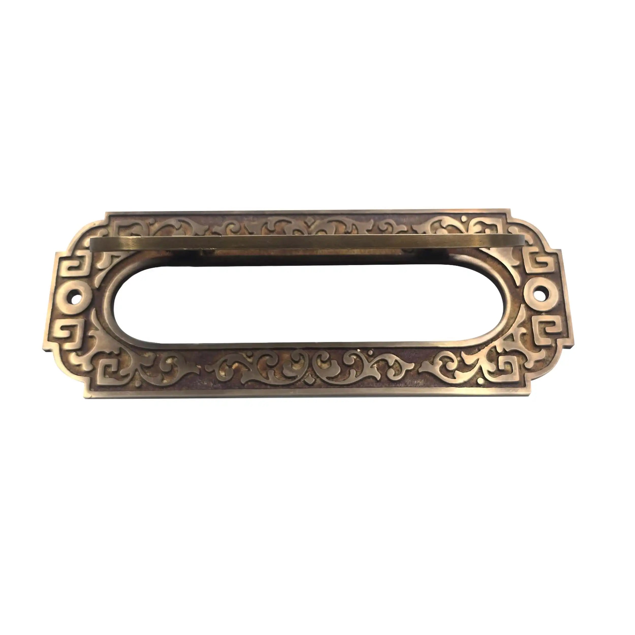 Custom Letter Plate Mail Slot for Door – Vintage Style  Personalized Letterbox Plate, featuring a decorative Greek key border and scrollwork pattern in a warm antique brass finish, isolated on a white background.