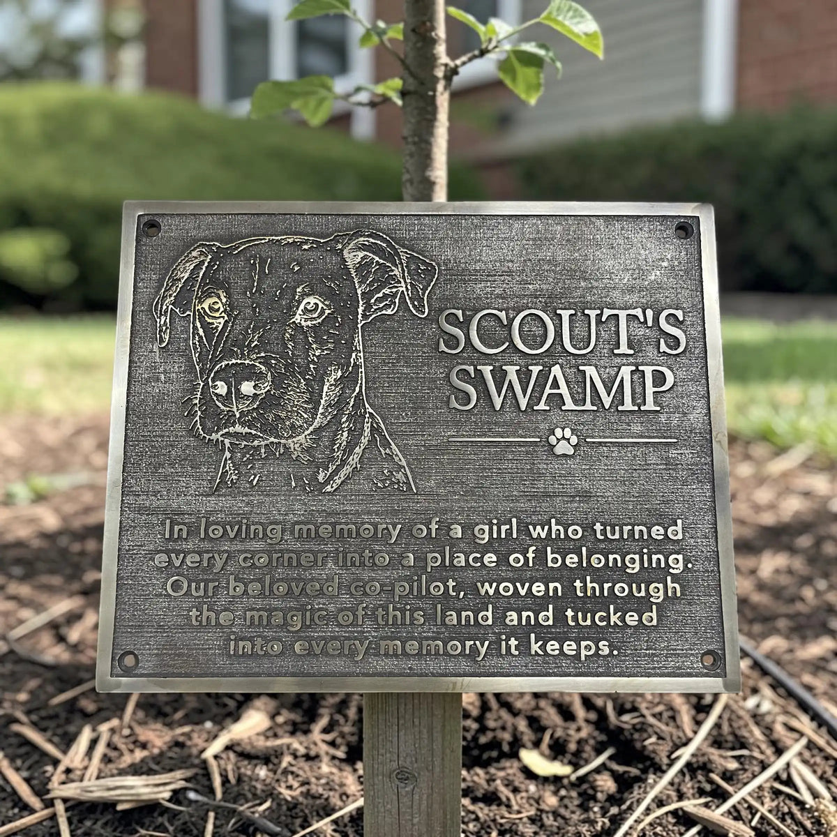 Memorial plaque for a dog named Scout's Swamp with engraved text and dog illustration.