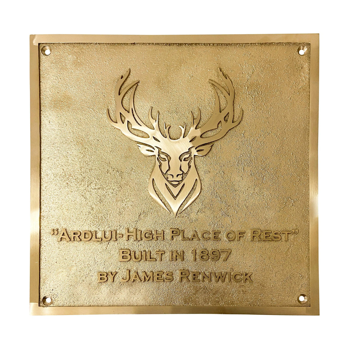 Custom Outdoor brass plate with Golden finish and deer emblem and text on background