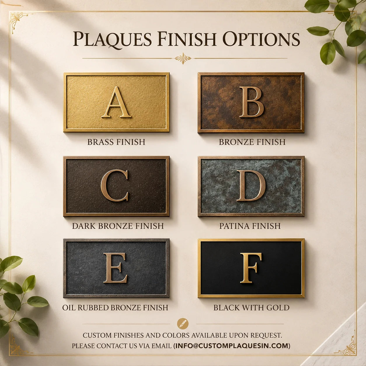 Brass and Bronze Plaque finish options with labels A to F on a white background