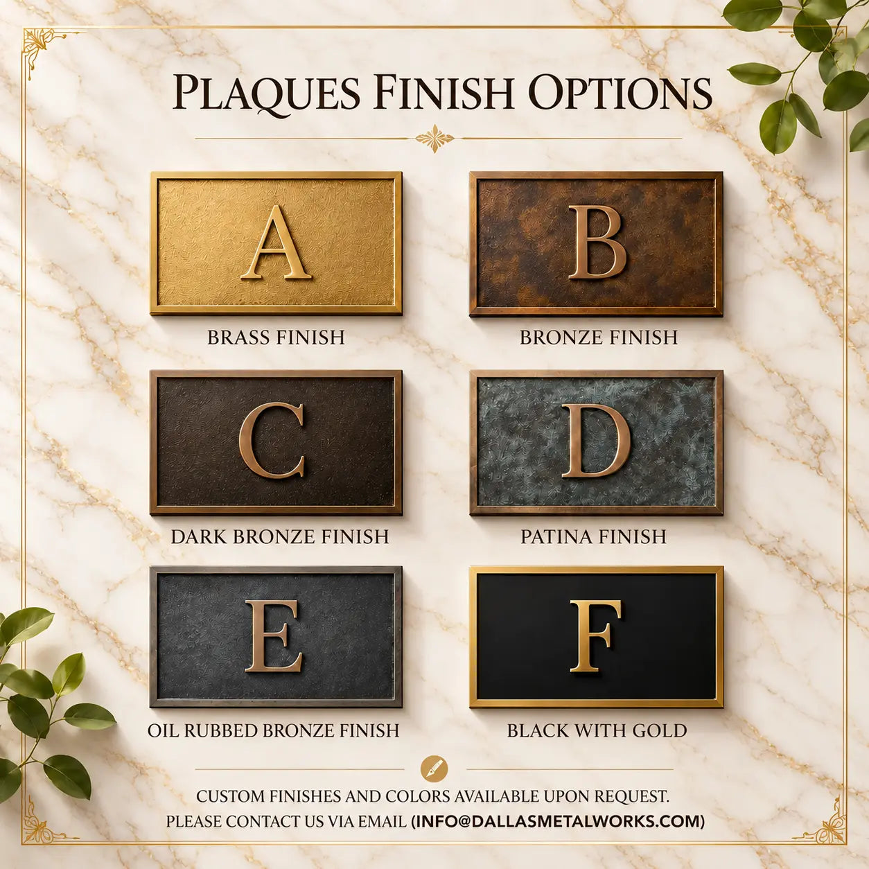 Brass and Bronze Plaque finish options with labels A to F on a white background