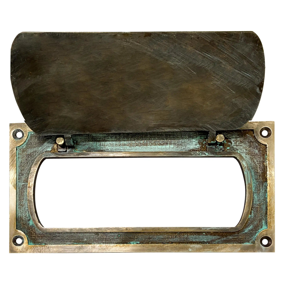 Close up detail of antique brass mail slot flap mechanism