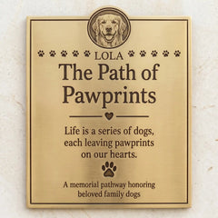 Memorial plaque for dogs with engraved text and a dog's face, on a light background.