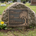 Memorial plaque with engraved text on a stone in a cemetery