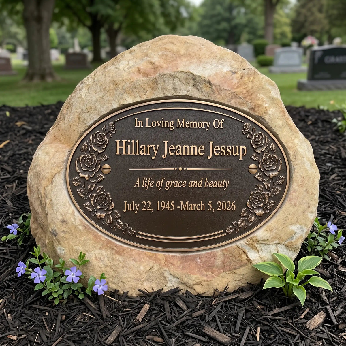 Memorial stone with bronze plaque in a cemetery