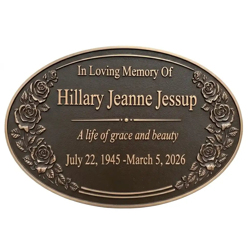 Bronze plaque with engraved text 'In Loving Memory Of Hillary Jeanne Jessup' on a white background