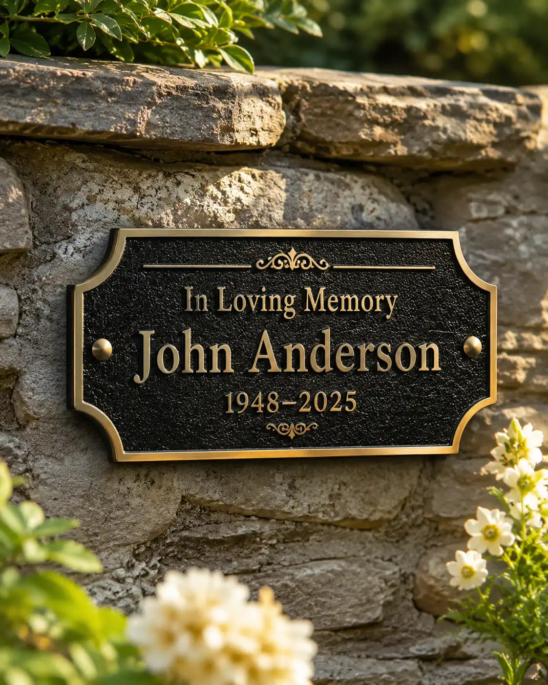 A personalized black memorial plaque with gold lettering mounted on a rustic stone wall, surrounded by green foliage and small white flowers. The plaque reads 'In Loving Memory John Anderson 1948-2025'.