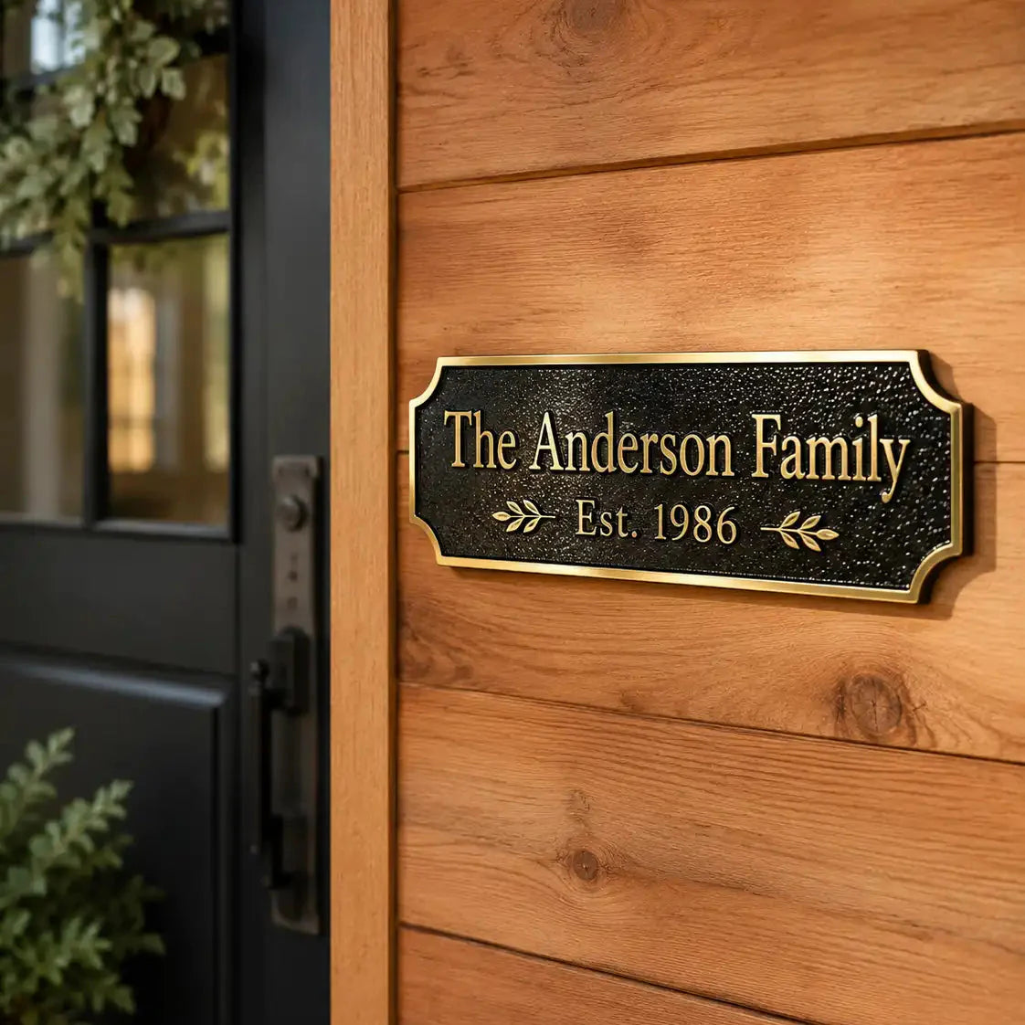 A personalized black metal front door sign with gold lettering that reads 'The Anderson Family Est. 1986', mounted on a warm wood-paneled wall next to a black door.