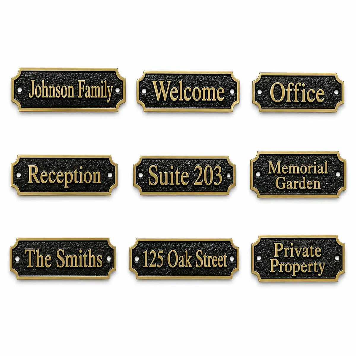 Nine personalized house nameplate options shown on a plain white background, each with a black textured face, gold border, and gold lettering for phrases such as Johnson Family, Welcome, Office, Reception, Suite 203, Memorial Garden, The Smiths, 125 Oak Street, and Private Property.