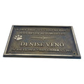 Memorial plaque for Denise Veno with text and paw print on a white background