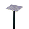 Memorial plaque on a stand with engraved text on a white background