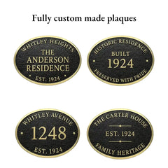 Four custom-made historical plaques with text on a white background